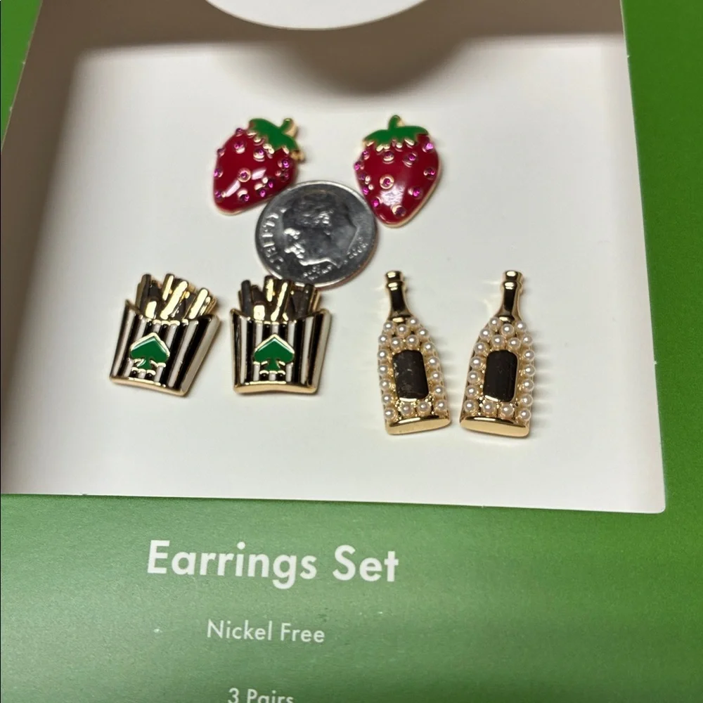 Kate Spade 3 Pair Novelty Earring Set Strawberries Fries Champagne NWT